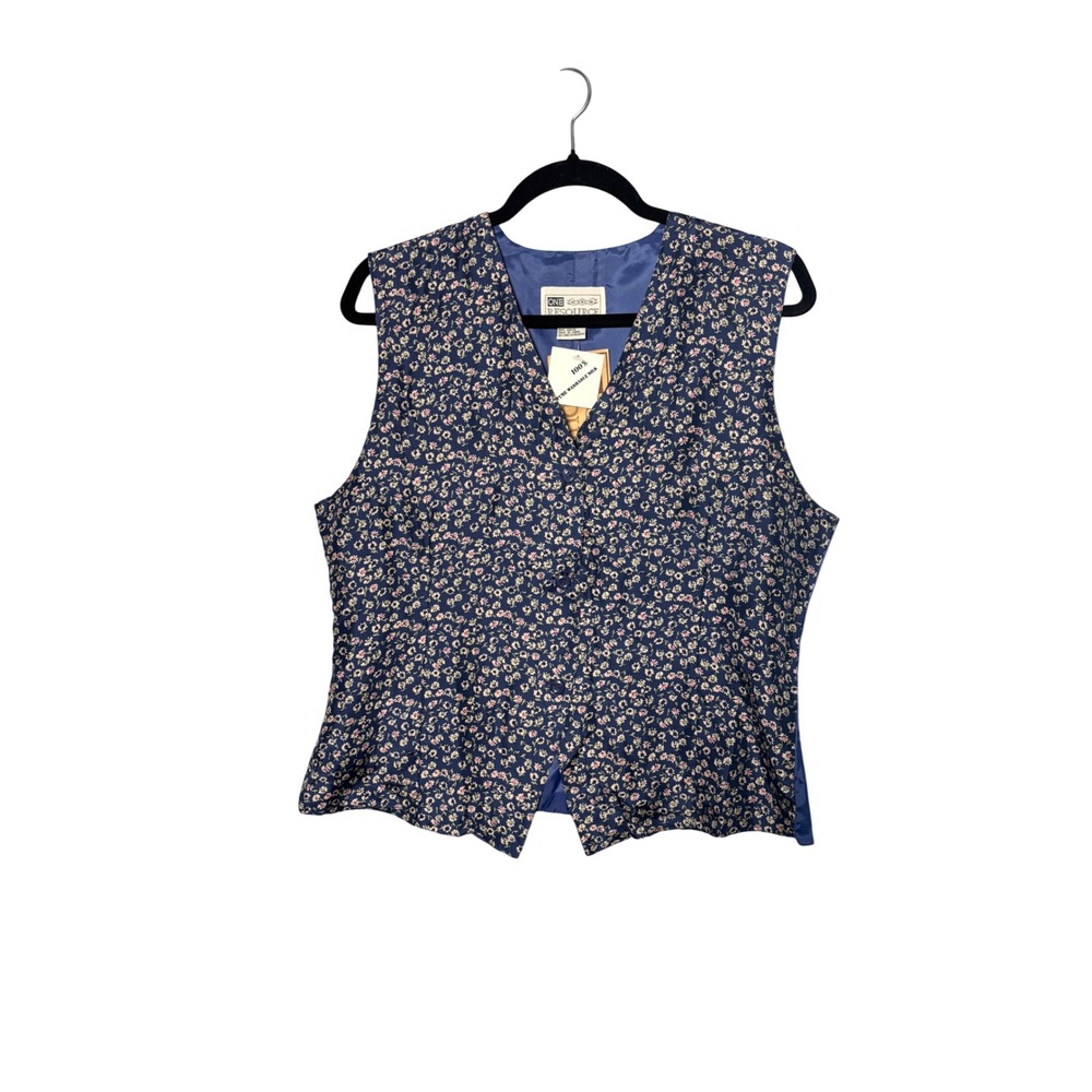 One Resource Womens Silk Vest L Blue Floral Button Front Cottagecore Vintage